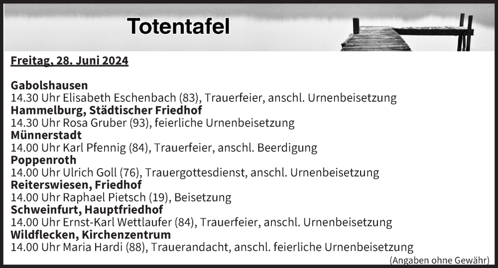  Traueranzeige für Totentafel vom 28.06.2024 vom 28.06.2024 aus MGO