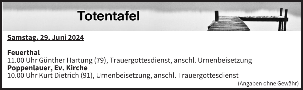  Traueranzeige für Totentafel vom 29.06.2024 vom 29.06.2024 aus MGO