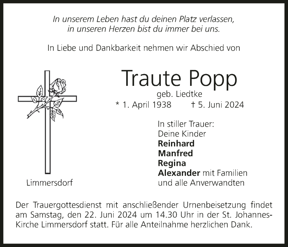  Traueranzeige für Traute Popp vom 19.06.2024 aus MGO