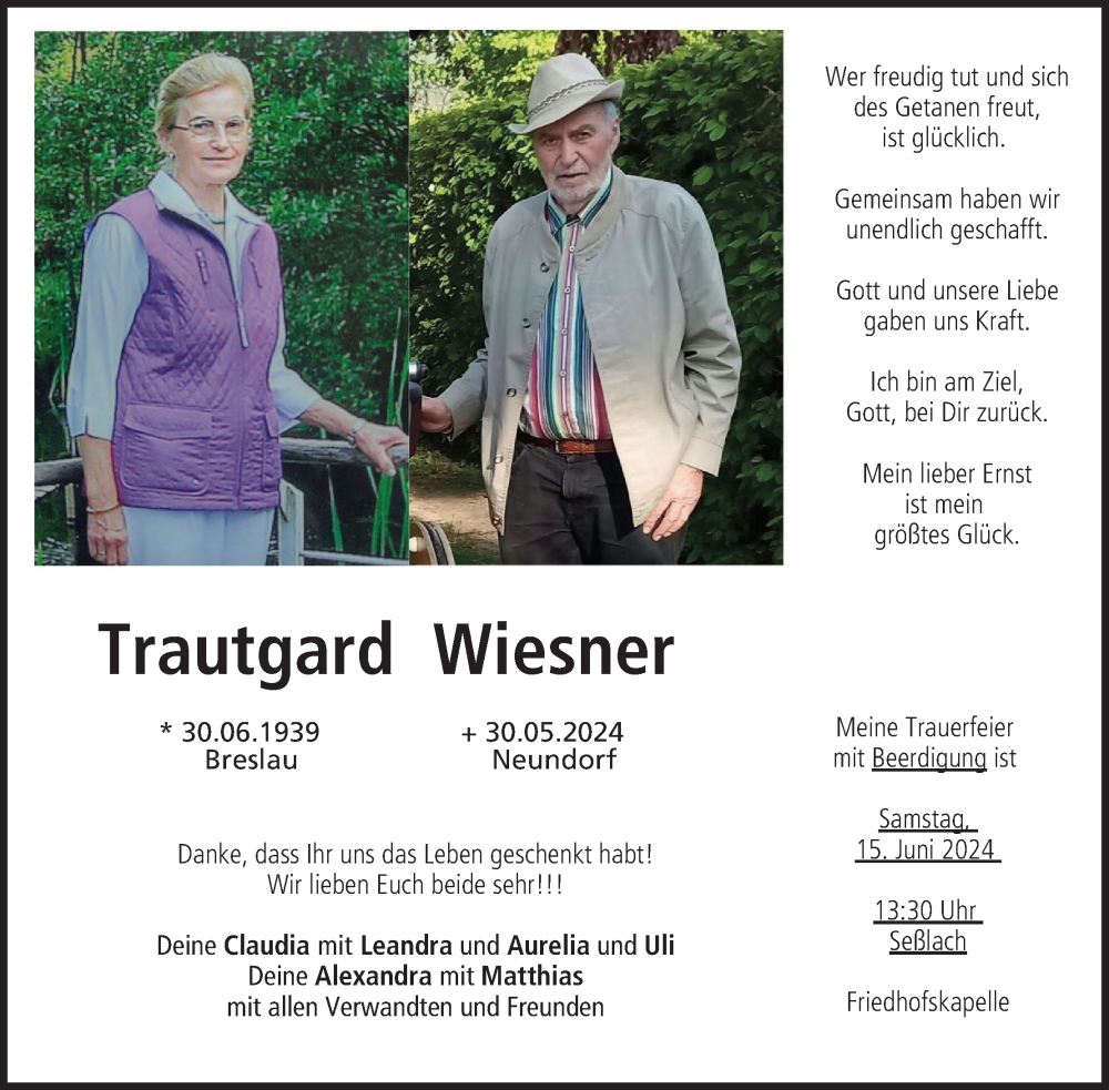 Traueranzeige für Trautgard Wiesner vom 08.06.2024 aus MGO