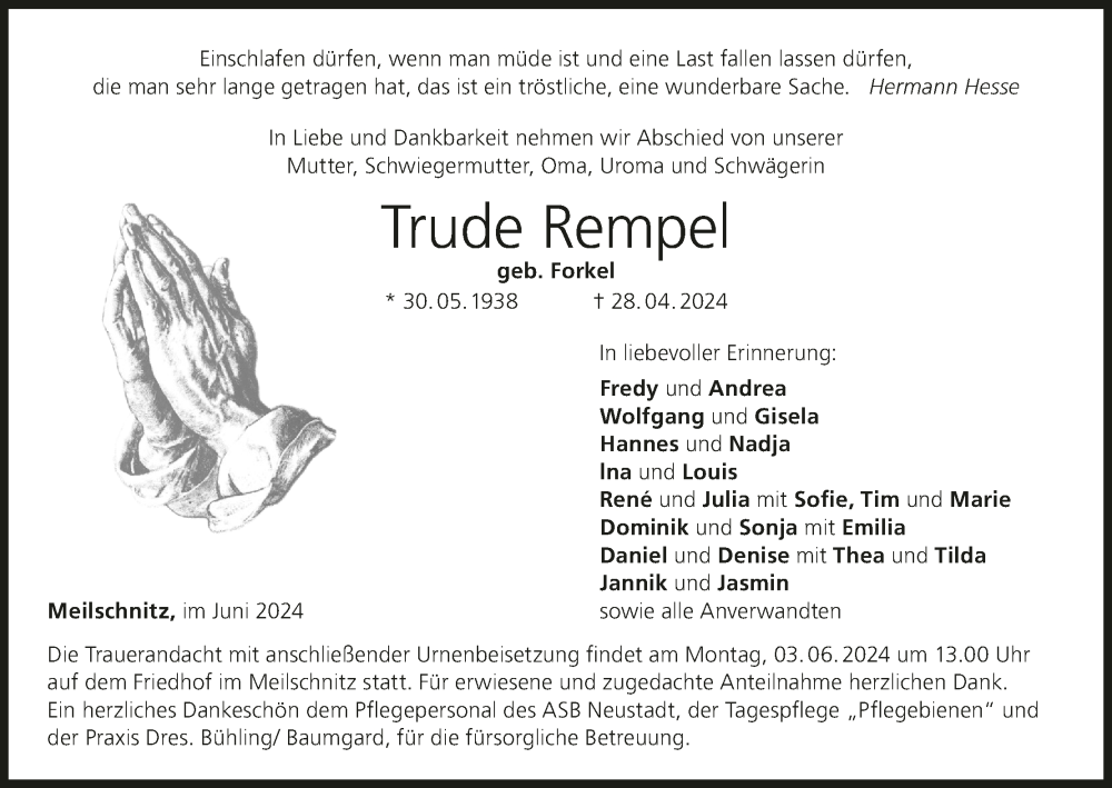  Traueranzeige für Trude Rempel vom 01.06.2024 aus MGO