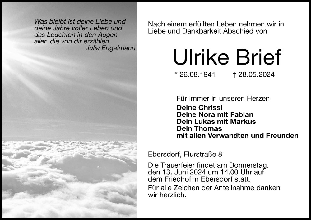  Traueranzeige für Ulrike Brief vom 08.06.2024 aus MGO