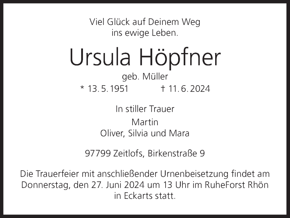  Traueranzeige für Ursula Höpfner vom 24.06.2024 aus MGO