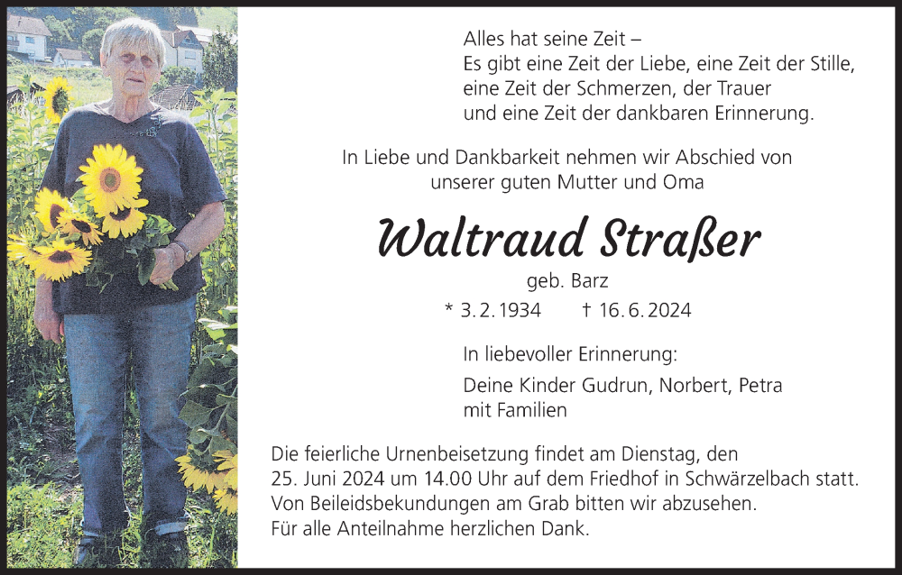  Traueranzeige für Waltraud Straßer vom 22.06.2024 aus MGO