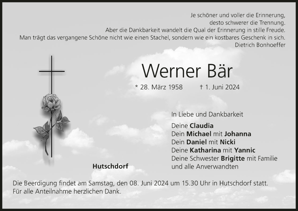  Traueranzeige für Werner Bär vom 05.06.2024 aus MGO