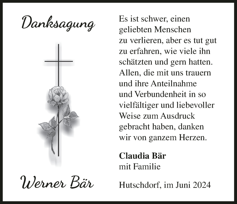  Traueranzeige für Werner Bär vom 22.06.2024 aus MGO