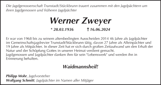 Anzeige von Werner Zweyer von MGO