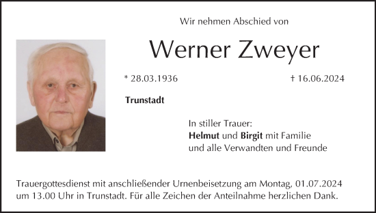 Anzeige von Werner Zweyer von MGO
