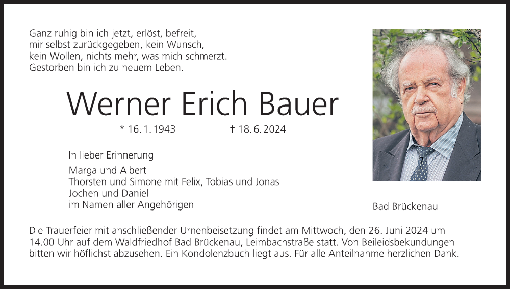  Traueranzeige für Werner Erich Bauer vom 22.06.2024 aus MGO