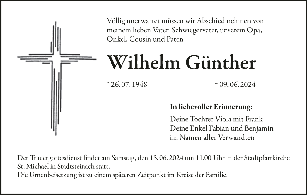  Traueranzeige für Wilhelm Günther vom 12.06.2024 aus MGO