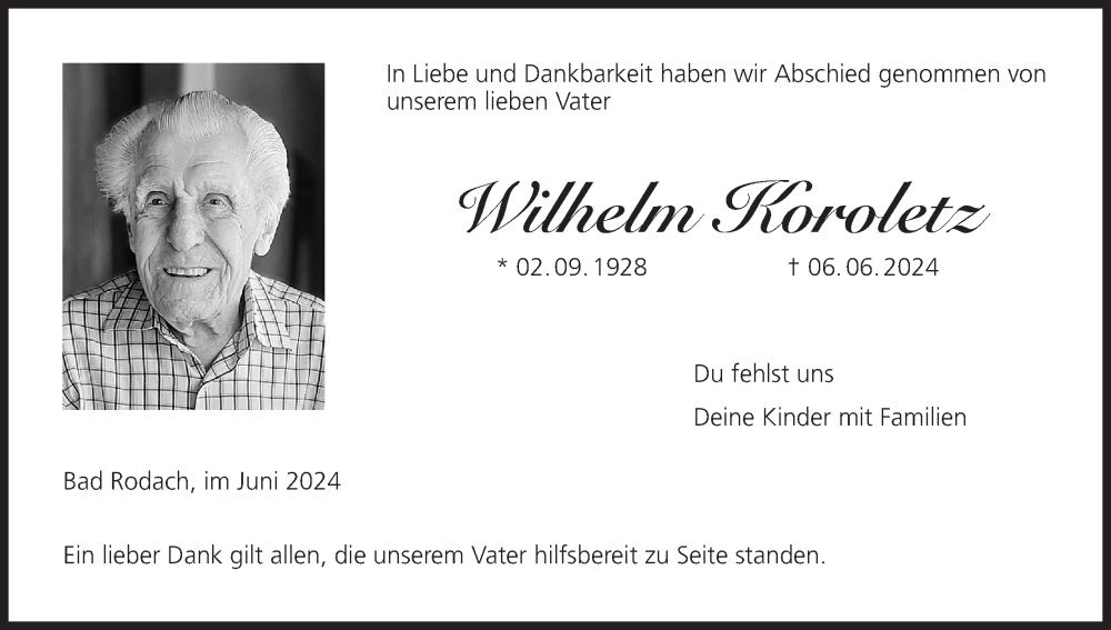  Traueranzeige für Wilhelm Koroletz vom 22.06.2024 aus MGO