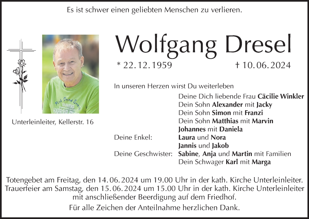  Traueranzeige für Wolfgang Dresel vom 13.06.2024 aus MGO
