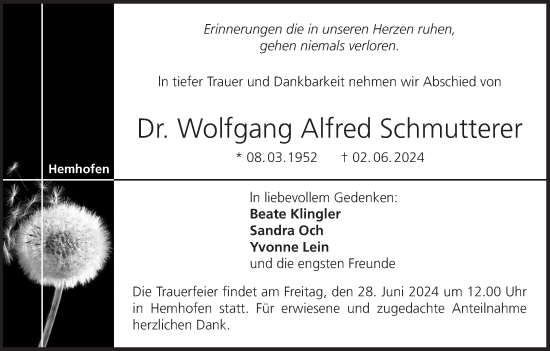 Anzeige von Wolfgang Alfred Schmutterer von MGO