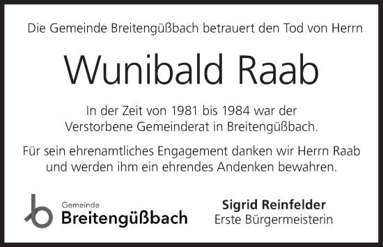 Anzeige von Wunibald Raab von MGO
