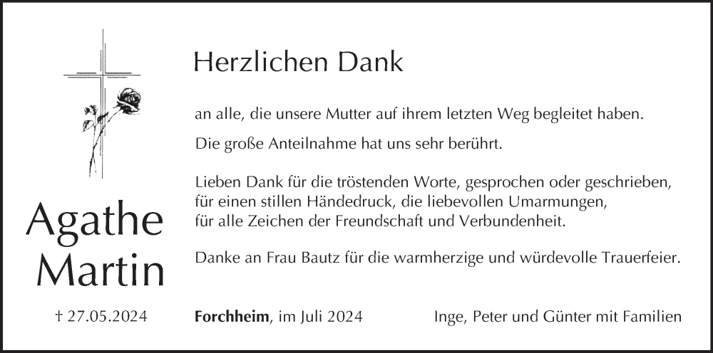  Traueranzeige für Agathe Martin vom 20.07.2024 aus MGO