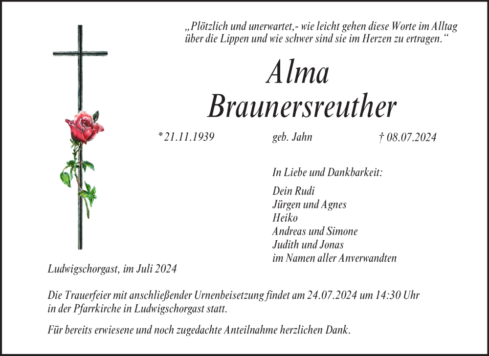  Traueranzeige für Alma Braunersreuther vom 19.07.2024 aus MGO