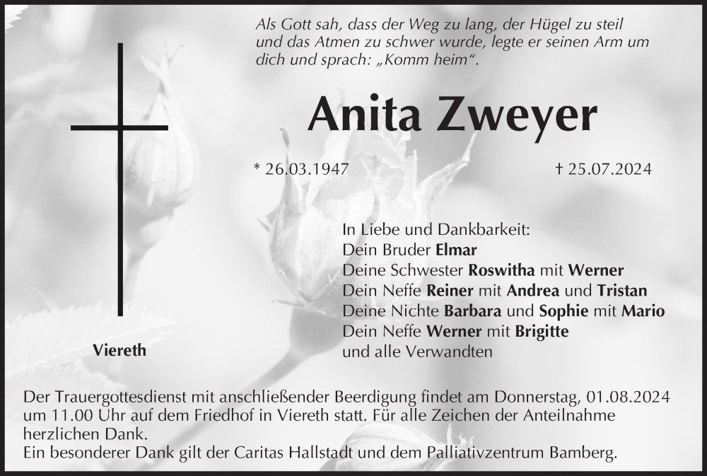  Traueranzeige für Anita Zweyer vom 30.07.2024 aus MGO