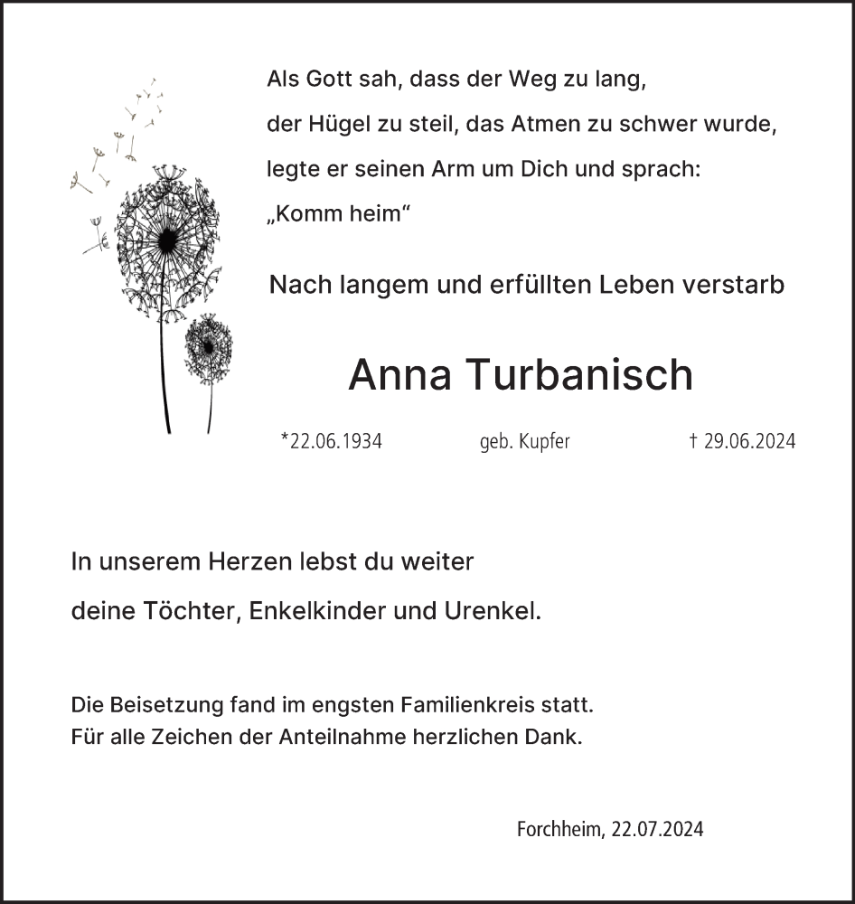  Traueranzeige für Anna Turbanisch vom 24.07.2024 aus MGO