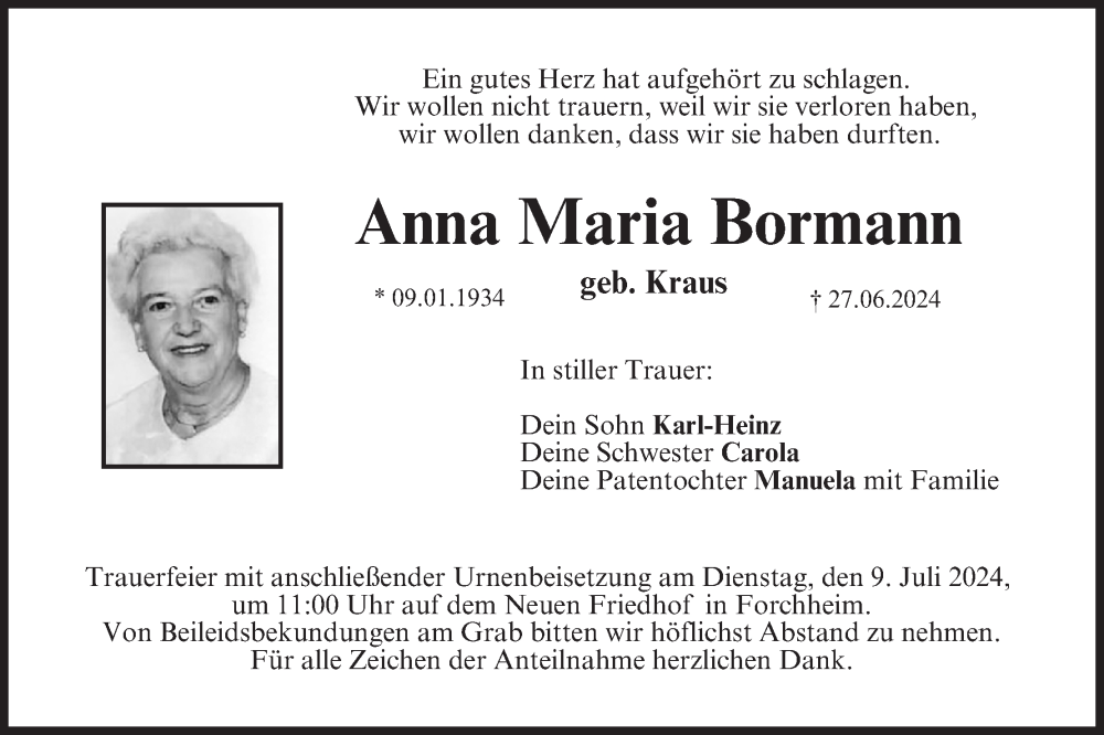  Traueranzeige für Anna Maria Bormann vom 06.07.2024 aus MGO