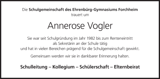 Anzeige von Annerose Vogler von MGO