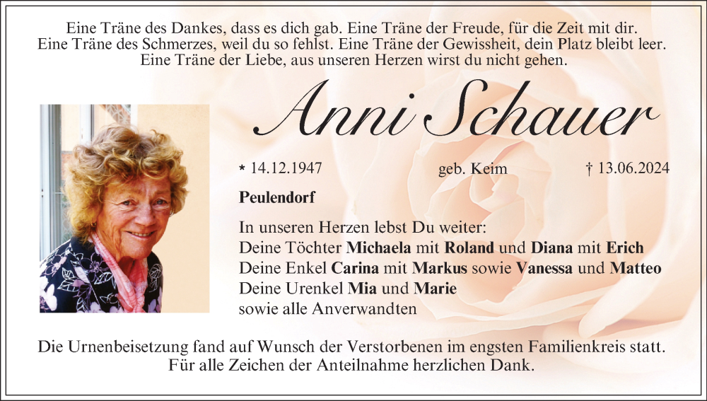  Traueranzeige für Anni Schauer vom 06.07.2024 aus MGO