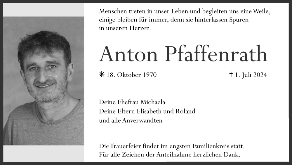  Traueranzeige für Anton Pfaffenrath vom 06.07.2024 aus MGO