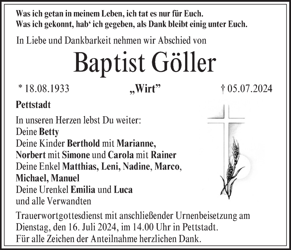  Traueranzeige für Baptist Göller vom 13.07.2024 aus MGO