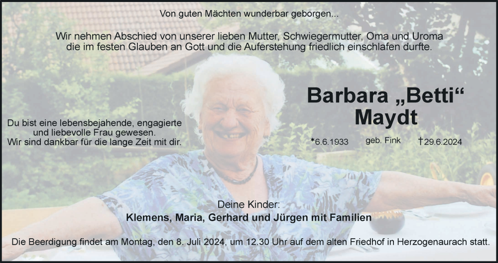  Traueranzeige für Barbara Maydt vom 05.07.2024 aus MGO
