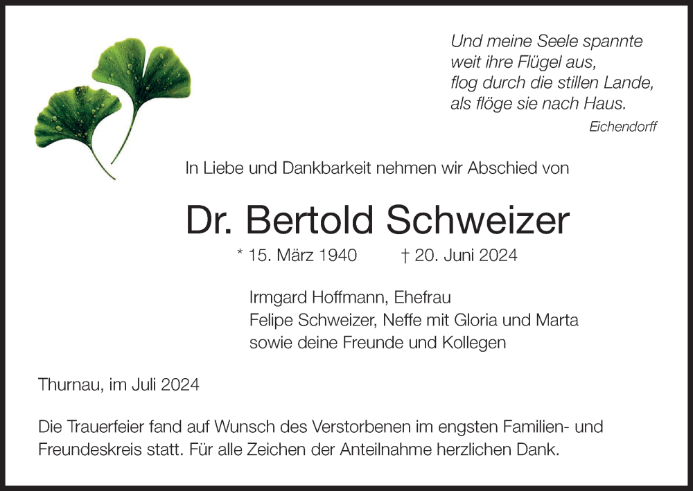  Traueranzeige für Bertold Schweizer vom 10.07.2024 aus MGO