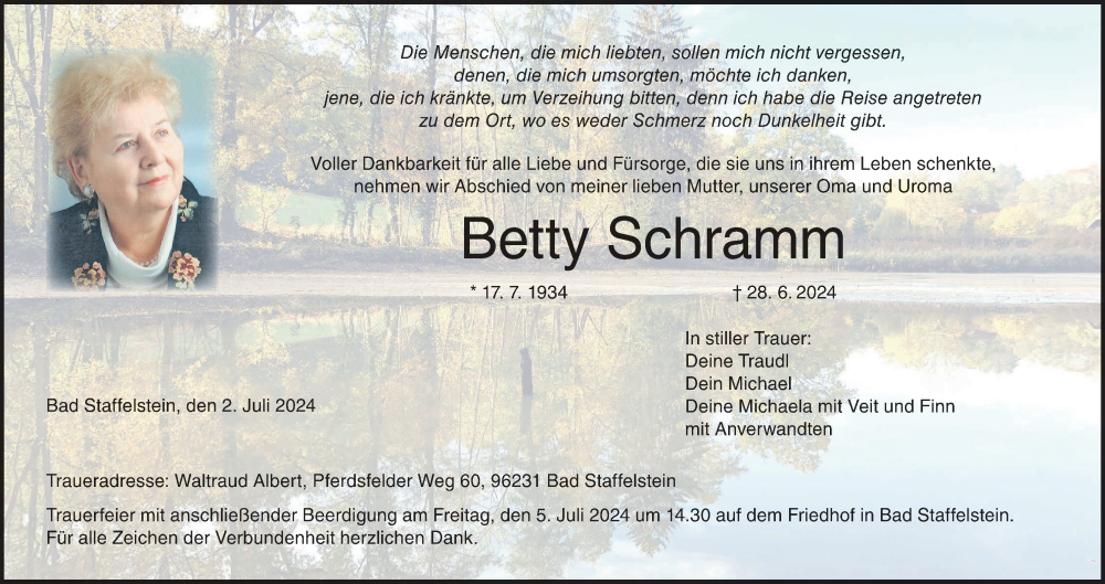  Traueranzeige für Betty Schramm vom 02.07.2024 aus MGO