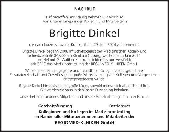 Anzeige von Brigitte Dinkel von MGO