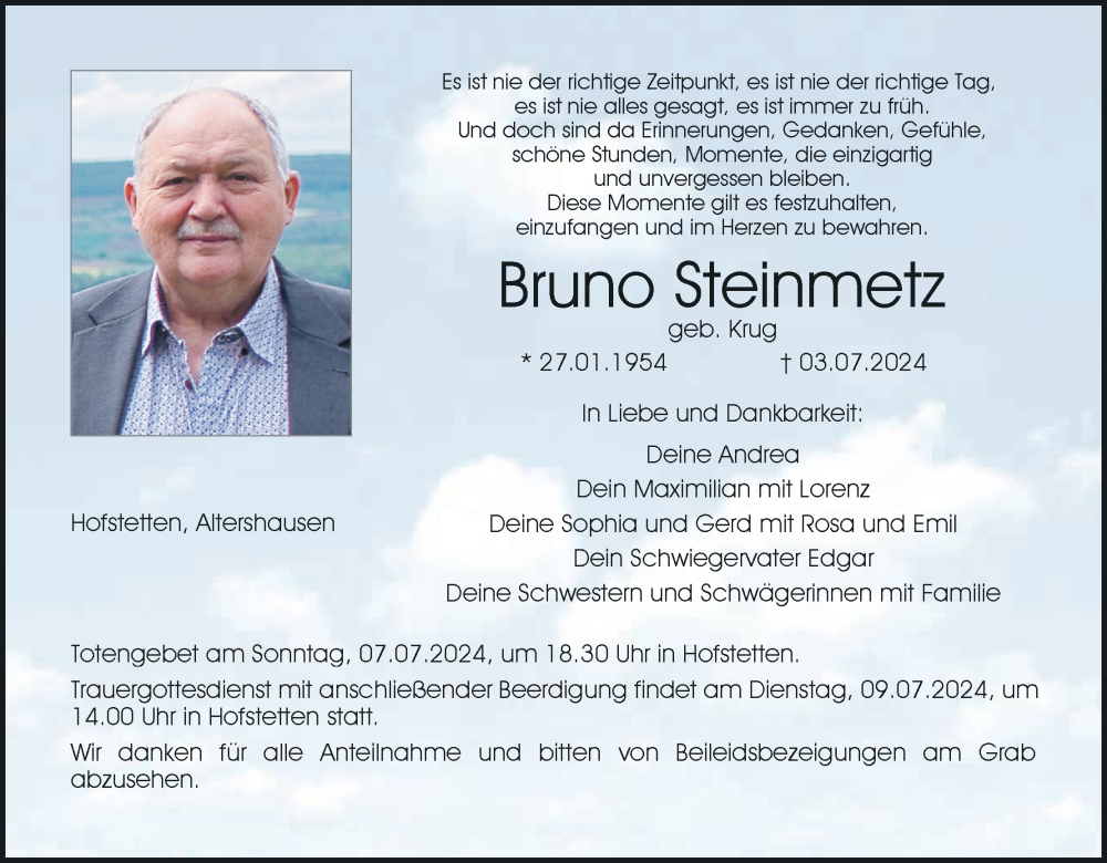  Traueranzeige für Bruno Steinmetz vom 06.07.2024 aus MGO