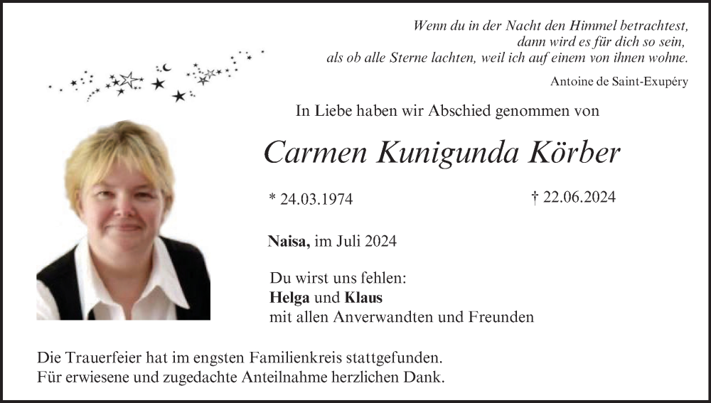  Traueranzeige für Carmen Kunigunda Körber vom 06.07.2024 aus MGO