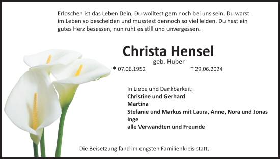 Anzeige von Christa Hensel von MGO