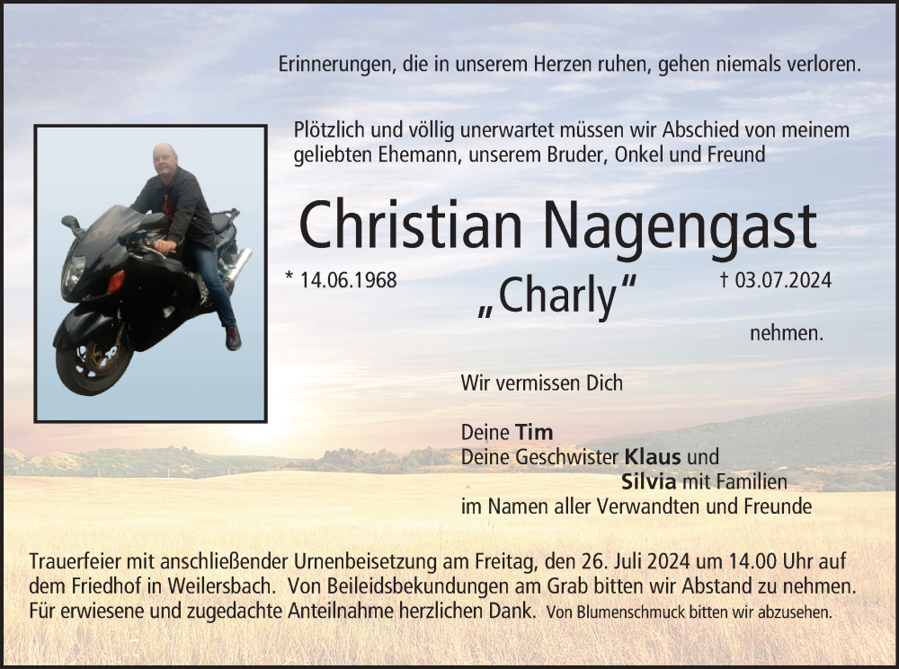  Traueranzeige für Christian Nagengast vom 20.07.2024 aus MGO