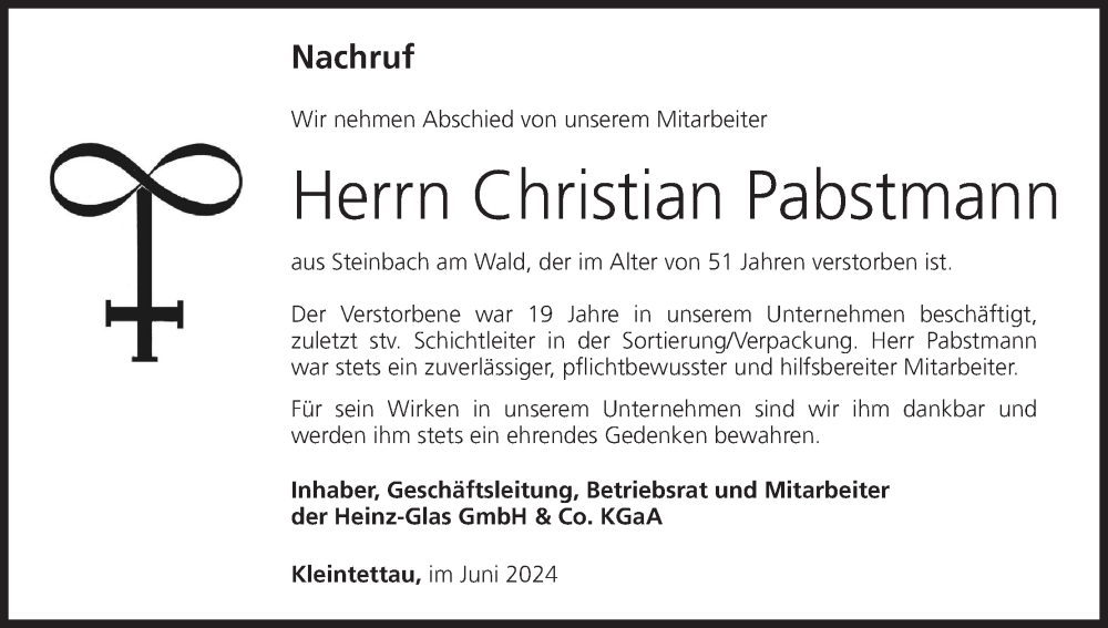  Traueranzeige für Christian Pabstmann vom 01.07.2024 aus MGO