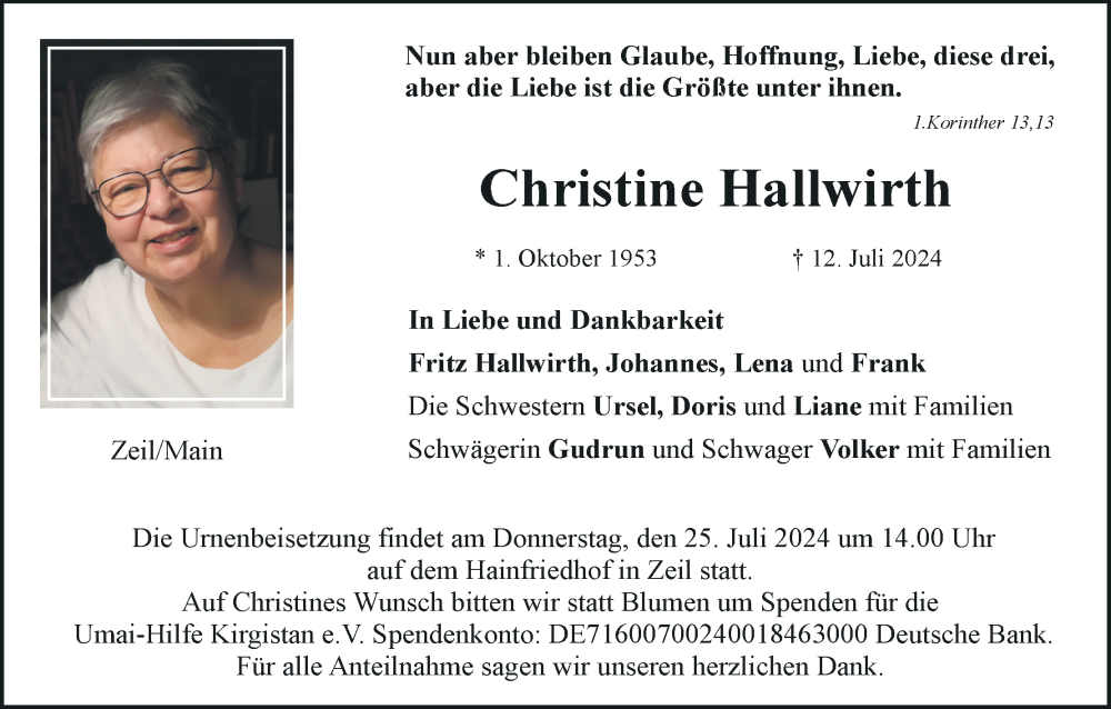  Traueranzeige für Christine Hallwirth vom 20.07.2024 aus MGO