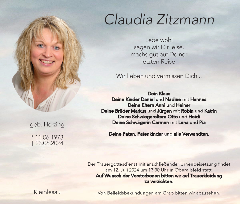  Traueranzeige für Claudia Zitzmann vom 06.07.2024 aus MGO