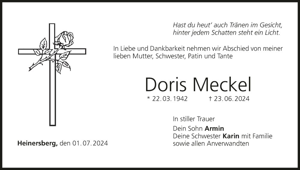  Traueranzeige für Doris Meckel vom 01.07.2024 aus MGO
