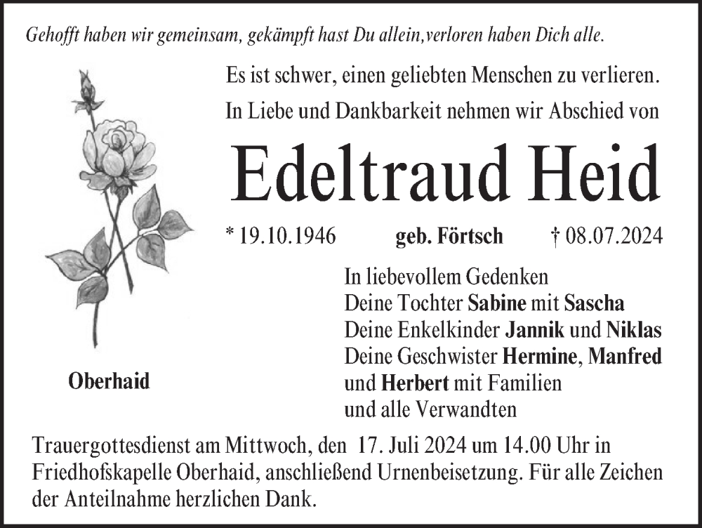  Traueranzeige für Edeltraud Heid vom 13.07.2024 aus MGO
