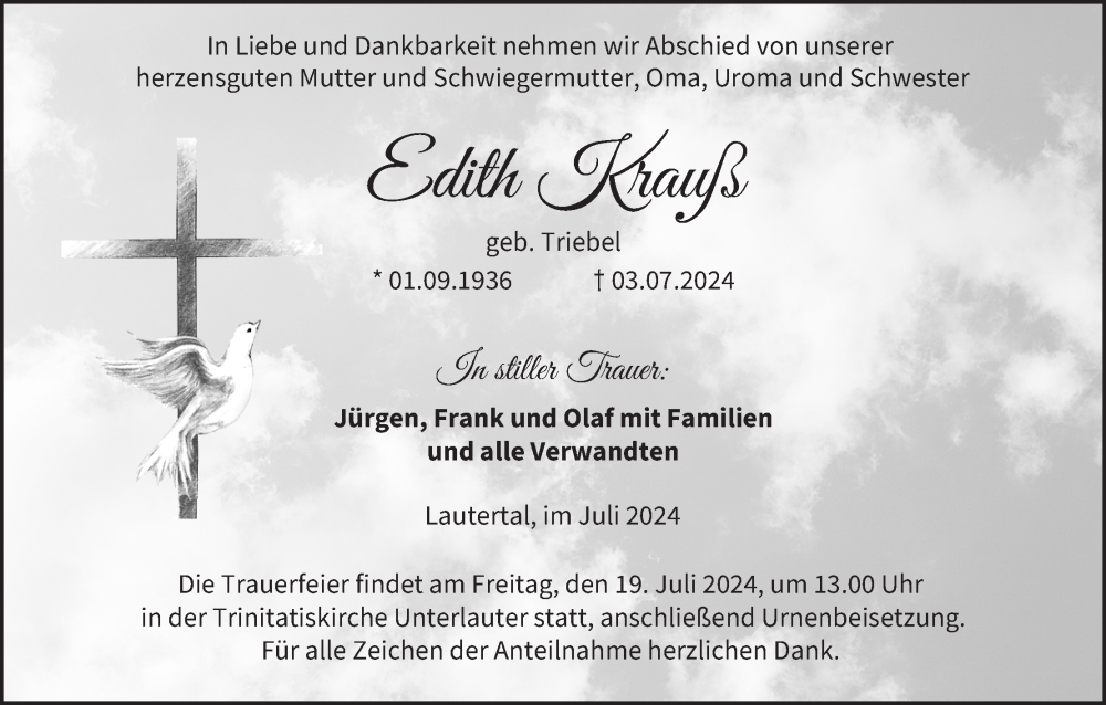  Traueranzeige für Edith Krauß vom 13.07.2024 aus MGO