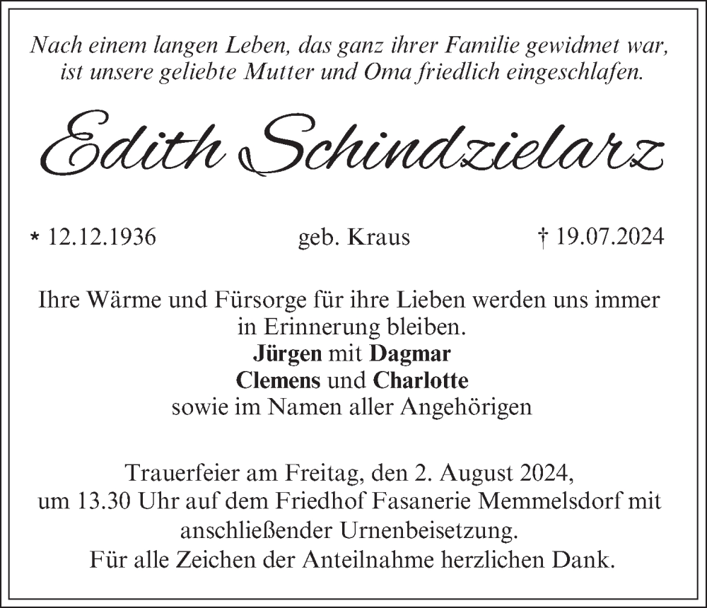  Traueranzeige für Edith Schindzielarz vom 27.07.2024 aus MGO