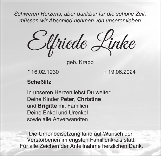 Anzeige von Elfriede Linke von MGO