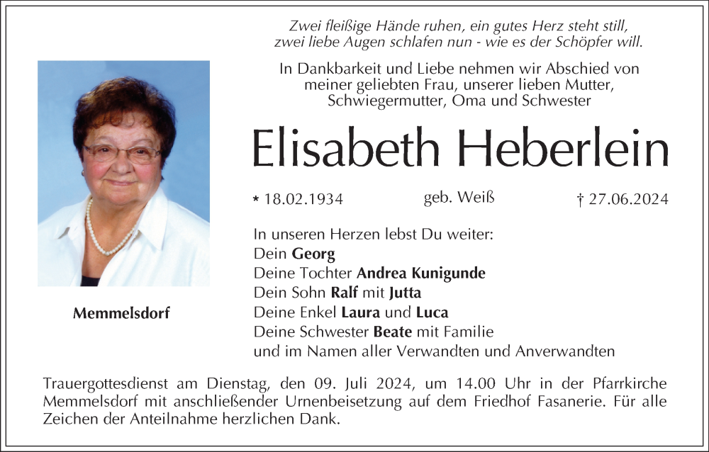  Traueranzeige für Elisabeth Heberlein vom 06.07.2024 aus MGO