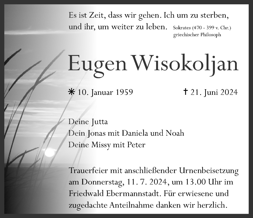  Traueranzeige für Eugen Wisokoljan vom 06.07.2024 aus MGO