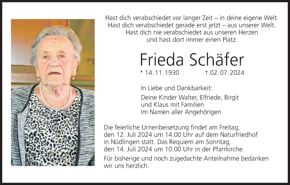 Traueranzeige für Frieda Schäfer vom 06.07.2024 aus MGO