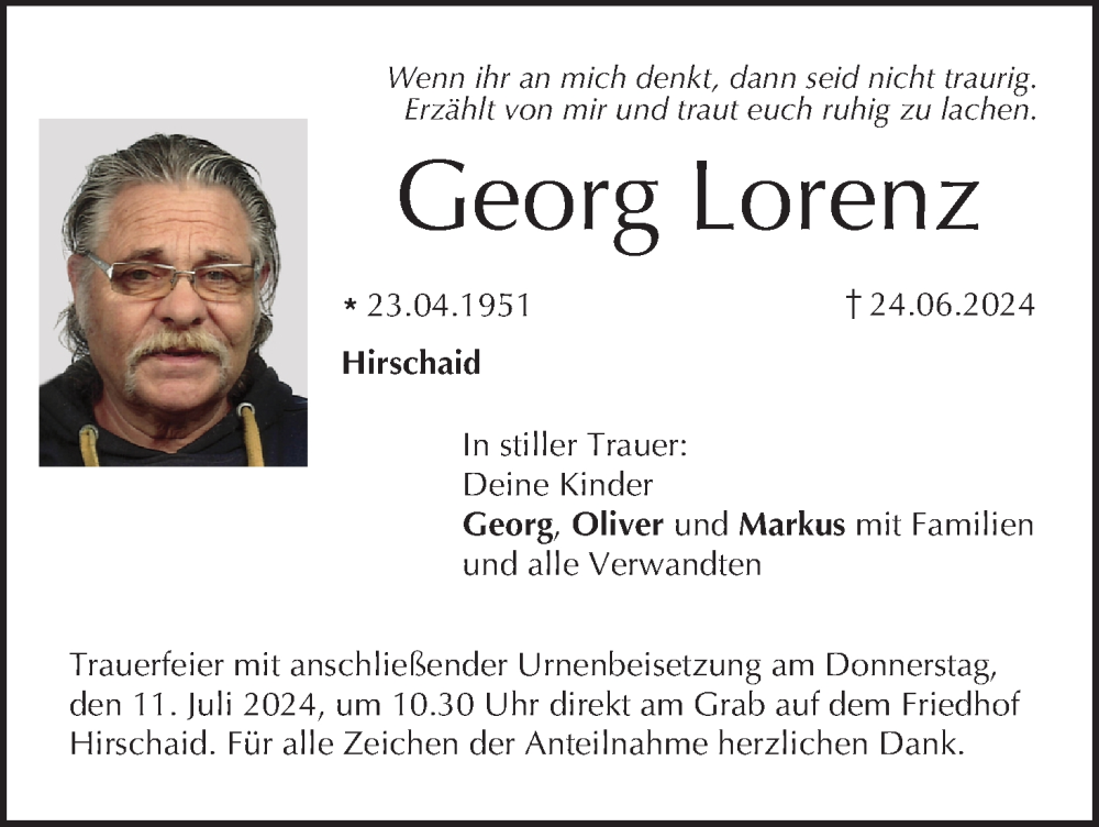  Traueranzeige für Georg Lorenz vom 06.07.2024 aus MGO