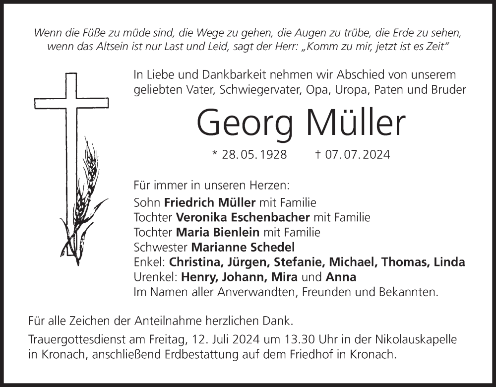  Traueranzeige für Georg Müller vom 11.07.2024 aus MGO