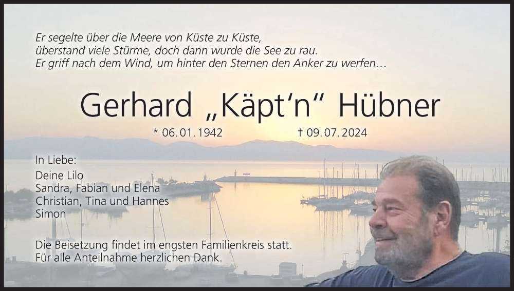  Traueranzeige für Gerhard Hübner vom 20.07.2024 aus MGO