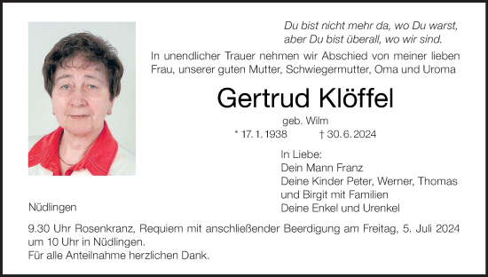 Anzeige von Gertrud Klöffel von MGO